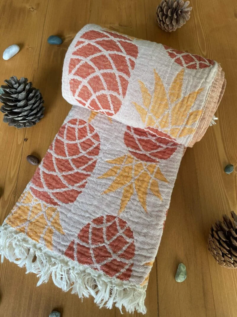IMG_6776 Pineapple Turkish Towel - Orange, 100% Organic Cotton, Handmade, Bath Towel, Peshtemal, Sauna Towel, Beach Towel