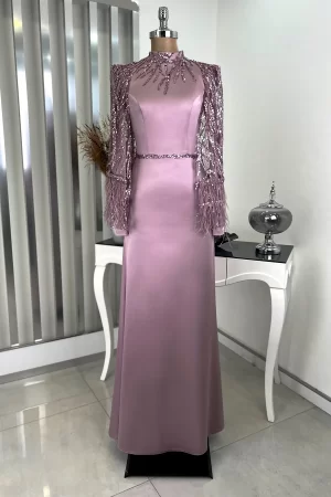 Mademoiselle Satin Turkish Muslim Islamic Evening Dress with Sleeves Bead - Lilac