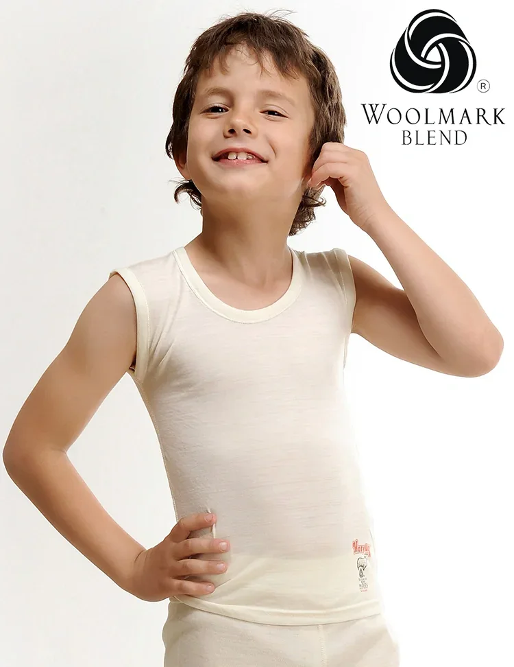 520%20-%20Children%27s%20Lightweight%20Thermal%20Wool%20Undershirt%20-%20520 Woolmark blend logo, children's sleeveless white top, comfortable clothing for kids, high-quality wool fabric, smooth and soft texture, casual children's apparel, Boy wearing off-white sleeveless shirt, cozy everyday wear by Woolmark, children's fashion inclusive of natural fibers, lightweight summer top for boys.