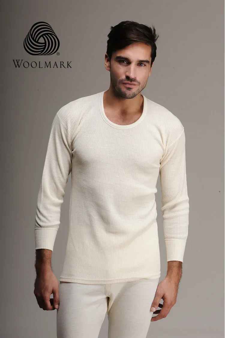1002%20-%20Men%27s%20100%25%20Wool%20Long%20Sleeve%20Shirt%20-%201002 Soft cream wool sweater on male model, Woolmark certified clothing for men, stylish and comfortable winter fashion.
