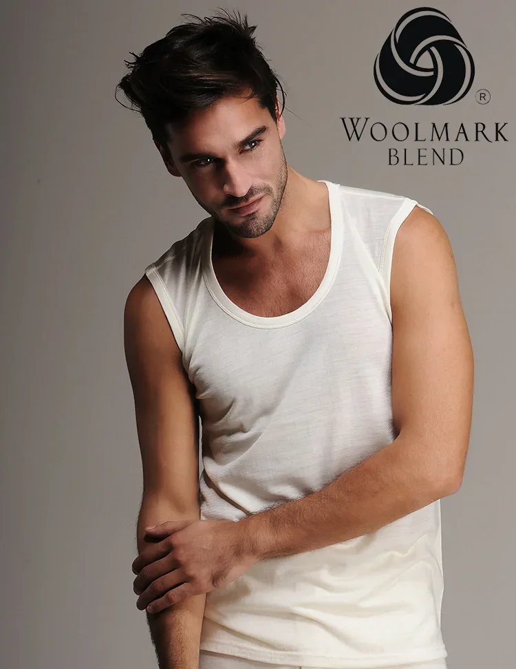 600%20-%20Men%27s%20Lightweight%20Wool%20Thermal%20Tank%20Top%20-%20600 Woolmark blend men's sleeveless tank top, beige, casual, comfortable, premium quality.