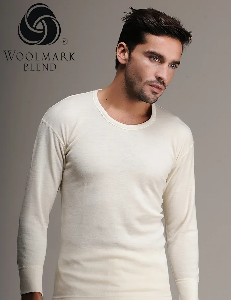 102%20-%20Men%27s%20Long%20Sleeve%20Wool%20Undershirt%20-%20102 Woolmark Blend men's long sleeve thermal shirt in beige, designed for comfort and warmth, perfect for everyday wear and layering.