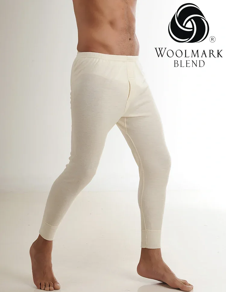 101%20-%20Men%27s%20Long%20Wool%20Underwear%20-%20101 Woolmark Blend men's cream thermal joggers, comfortable and warm, ideal for winter wear, featuring a relaxed fit with elastic waistband and ankle cuffs for everyday casual style.