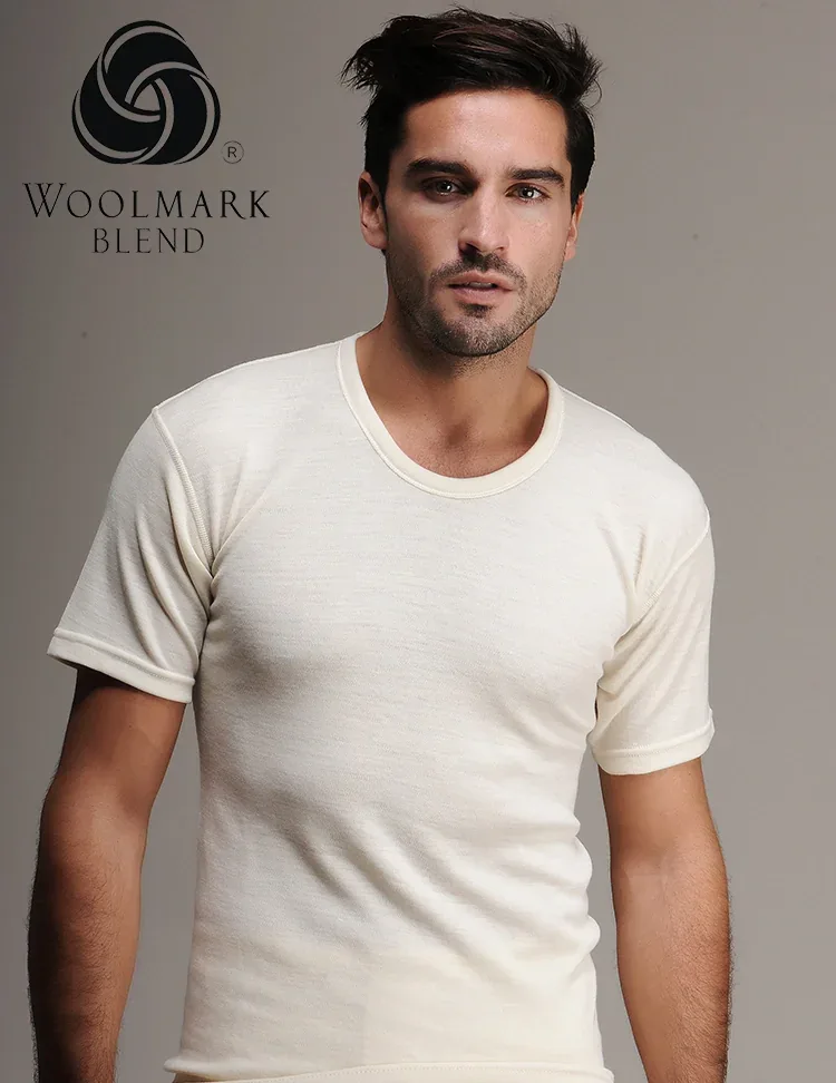 100%20-%20Men%27s%20Short%20Sleeve%20Wool%20Undershirt%20-%20100 Soft cream Woolmark Blend men's T-shirt, casual and comfortable for everyday wear.