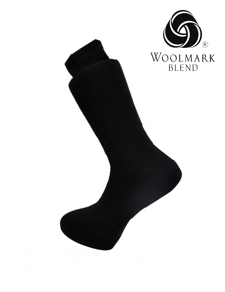 7006%20-%20Men%27s%20Thick%20Wool%20Socks%20-%207006 Black Woolmark Blend sock isolated on white background, high-quality Turkish cotton blend, comfortable and durable for everyday wear.
