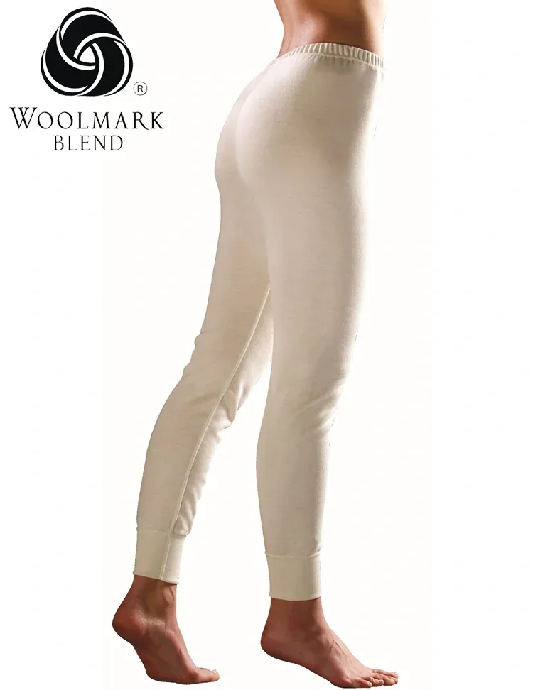 404%20-%20Women%27s%20Long%20Wool%20Underwear%20-%20404 Soft cream-colored lounge sweatpants featuring a relaxed fit, elastic waistband, and tapered cuffs, perfect for comfortable casual wear. Made from high-quality Woolmark Blend material for softness and durability.