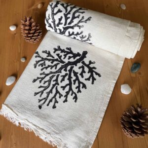 Coral Hand Printed Turkish Towel - Black, 100% Organic Cotton, Handmade, Bath Towel, Peshtemal, Sauna Towel, Beach Towel