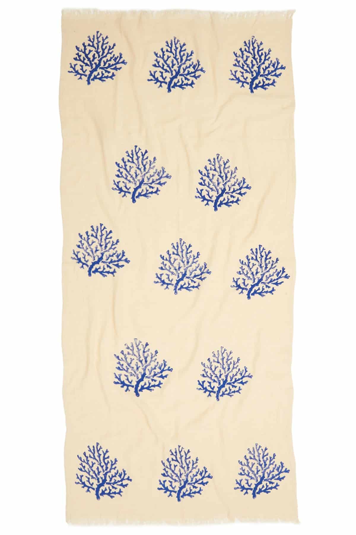 Coral Hand Printed Turkish Towel - Blue, 100% Organic Cotton, Handmade ...