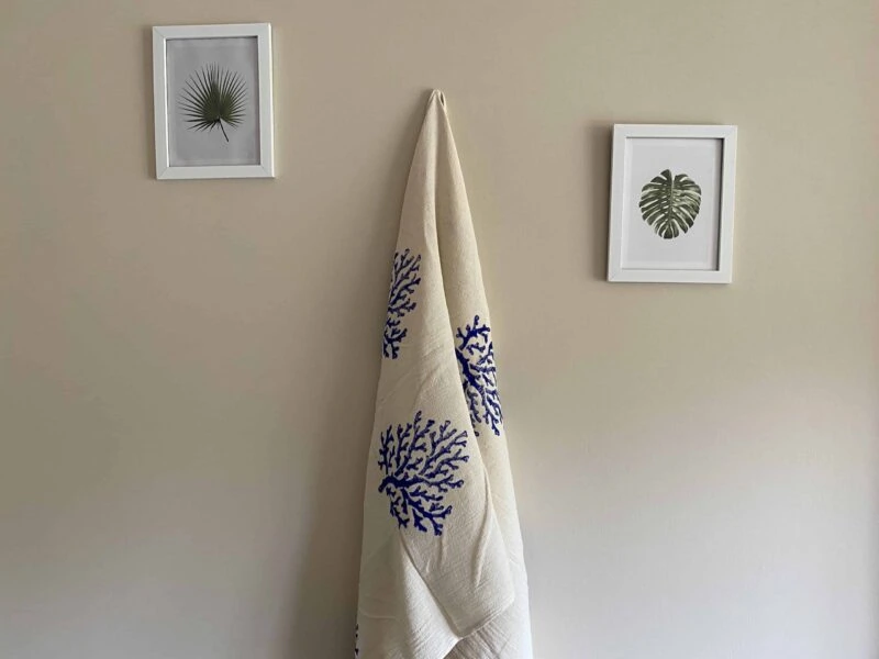 Coral Hand Printed Turkish Towel - Blue, 100% Organic Cotton, Handmade, Bath Towel, Peshtemal, Sauna Towel, Beach Towel