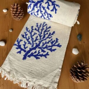 Coral Hand Printed Turkish Towel - Blue, 100% Organic Cotton, Handmade, Bath Towel, Peshtemal, Sauna Towel, Beach Towel