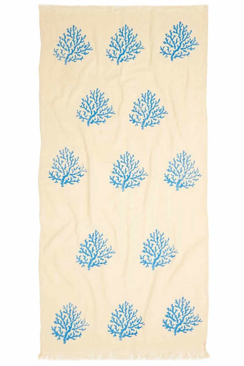 Coral Hand Printed Turkish Towel - Light Blue, 100% Organic Cotton, Handmade, Bath Towel, Peshtemal, Sauna Towel, Beach Towel