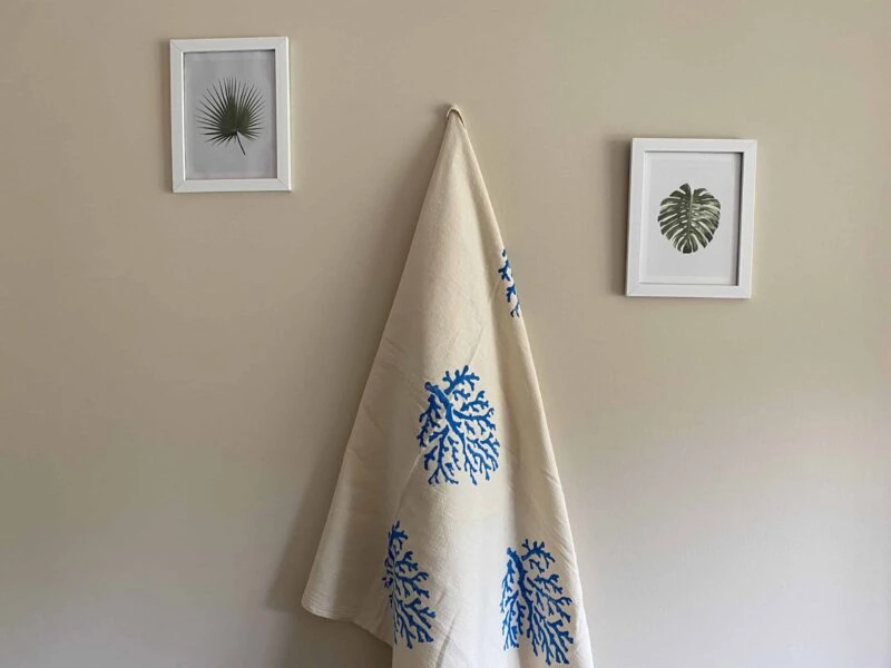 Coral Hand Printed Turkish Towel - Light Blue, 100% Organic Cotton, Handmade, Bath Towel, Peshtemal, Sauna Towel, Beach Towel