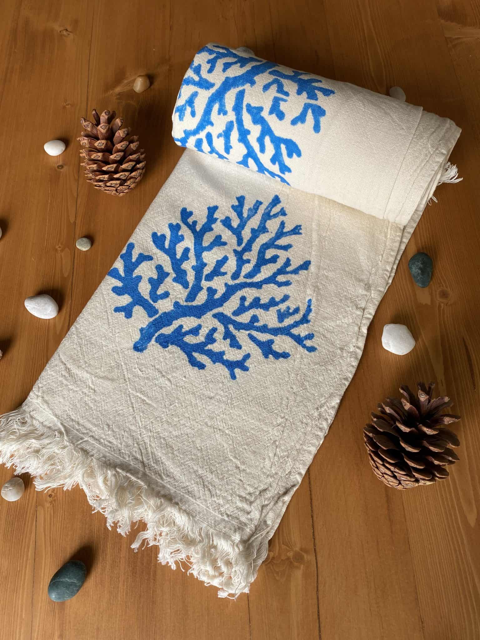 Coral Hand Printed Turkish Towel - Light Blue, 100% Organic Cotton ...