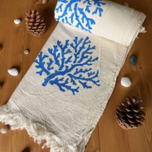 Coral Hand Printed Turkish Towel - Light Blue, 100% Organic Cotton, Handmade, Bath Towel, Peshtemal, Sauna Towel, Beach Towel