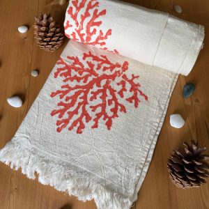 Coral Hand Printed Turkish Towel - Orange, 100% Organic Cotton, Handmade, Bath Towel, Peshtemal, Sauna Towel, Beach Towel