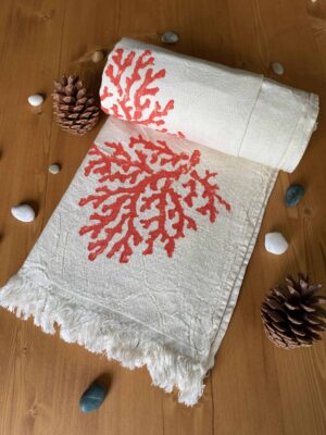 Coral Hand Printed Turkish Towel - Orange, 100% Organic Cotton, Handmade, Bath Towel, Peshtemal, Sauna Towel, Beach Towel