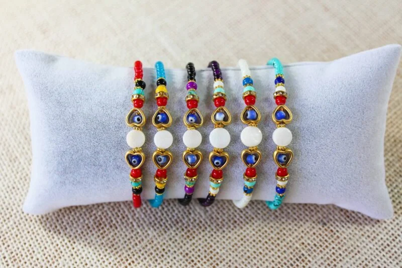 Glass Beaded Evil Eye Bracelet with Heart Shape & Zirconia