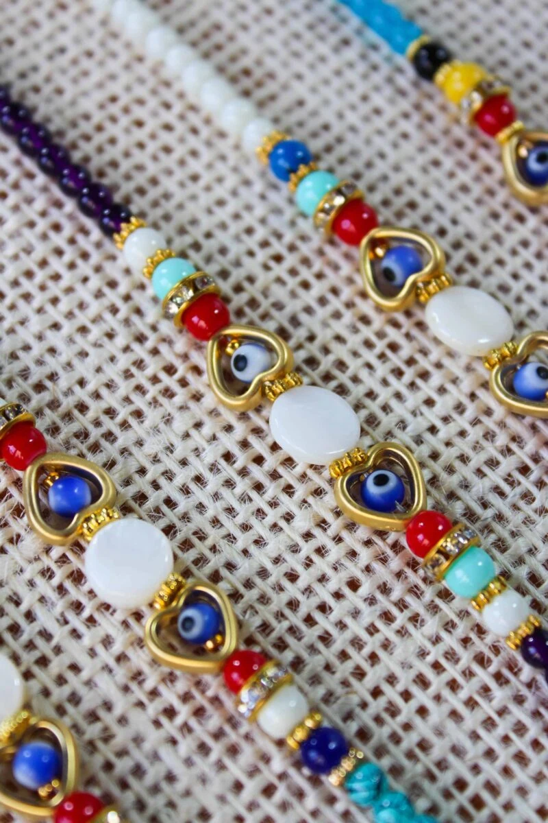Glass Beaded Evil Eye Bracelet with Heart Shape & Zirconia