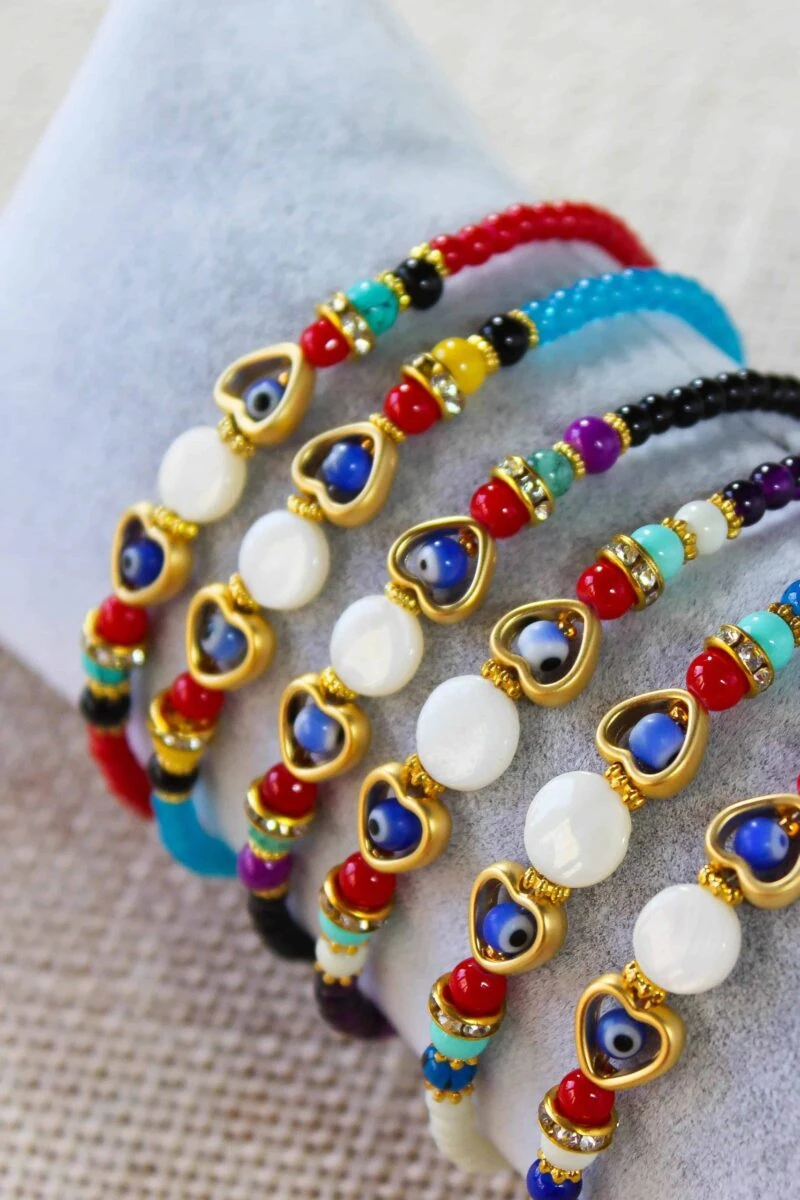 Glass Beaded Evil Eye Bracelet with Heart Shape & Zirconia