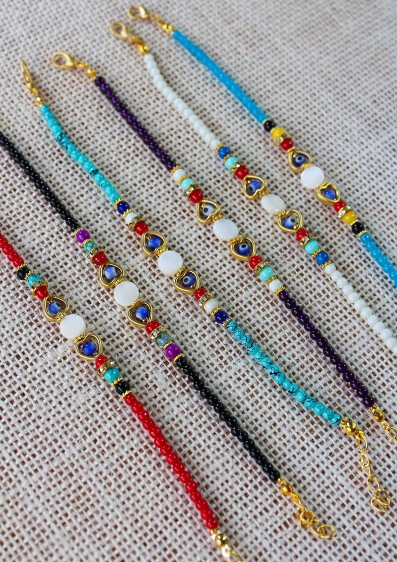 Glass Beaded Evil Eye Bracelet with Heart Shape & Zirconia