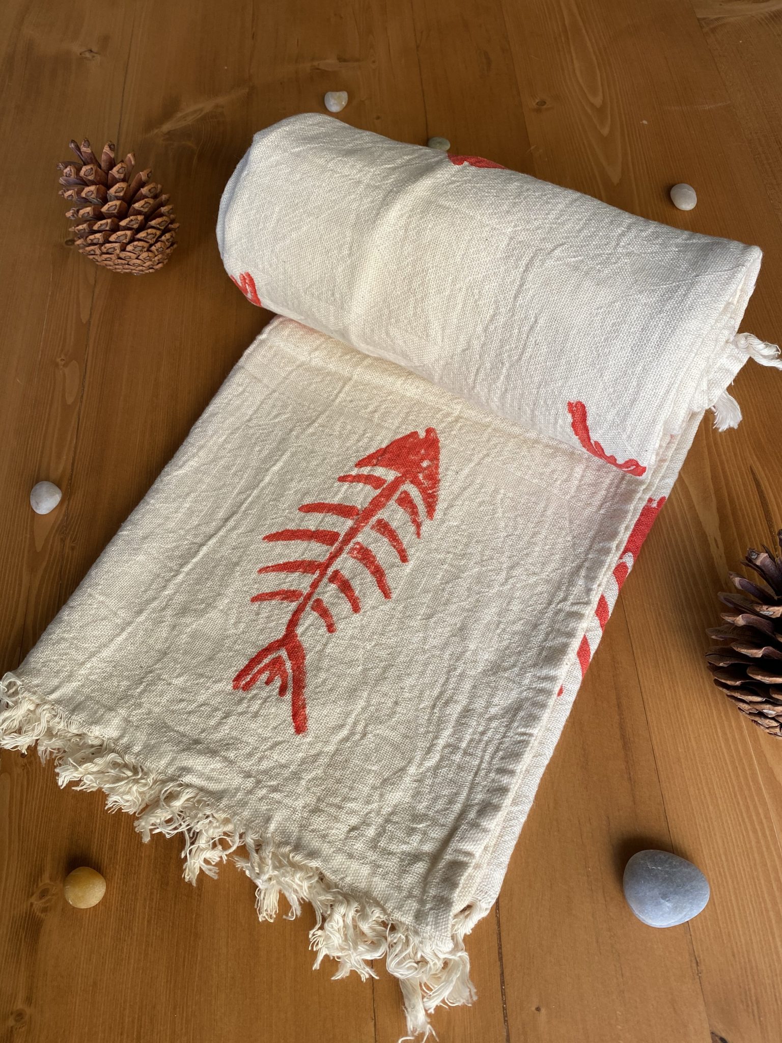 Hand Printed Fishbone Turkish Towel Red, 100 Organic Cotton