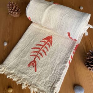 Hand Printed Fishbone Turkish Towel - Red, 100% Organic Cotton, Handmade, Bath Towel, Peshtemal, Sauna Towel, Beach Towel