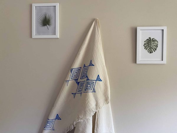 Santorini Turkish Towel - Hand Printed Blue Fish, 100% Organic Cotton, Handmade, Bath Towel, Peshtemal, Sauna Towel, Beach Towel
