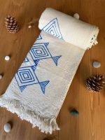 Santorini Turkish Towel - Hand Printed Blue Fish, 100% Organic Cotton, Handmade, Bath Towel, Peshtemal, Sauna Towel, Beach Towel