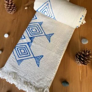 Santorini Turkish Towel - Hand Printed Blue Fish, 100% Organic Cotton, Handmade, Bath Towel, Peshtemal, Sauna Towel, Beach Towel