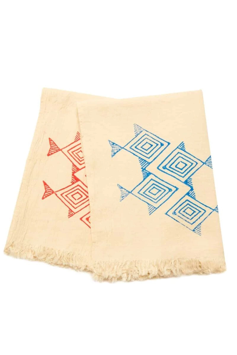Santorini Turkish Towel - Hand Printed Blue Fish, 100% Organic Cotton, Handmade, Bath Towel, Peshtemal, Sauna Towel, Beach Towel