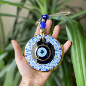 Golden Frame White Flower Design Evil Eye Wall Hanging