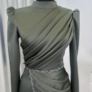 Stone Detail Khaki Satin Evening Dress Hijab Turkey