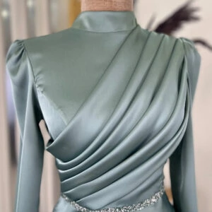 Stone Detail Mint Satin Evening Dress Hijab Clothes Turkey