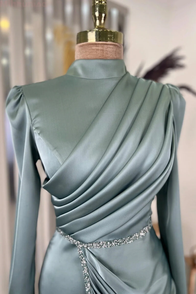 Stone Detail Mint Satin Evening Dress Hijab Clothes Turkey