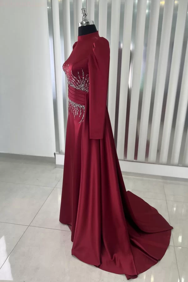Leyla Satin Tail Detail Stone Evening Dress Modest Hijab Clothing - Burgundy