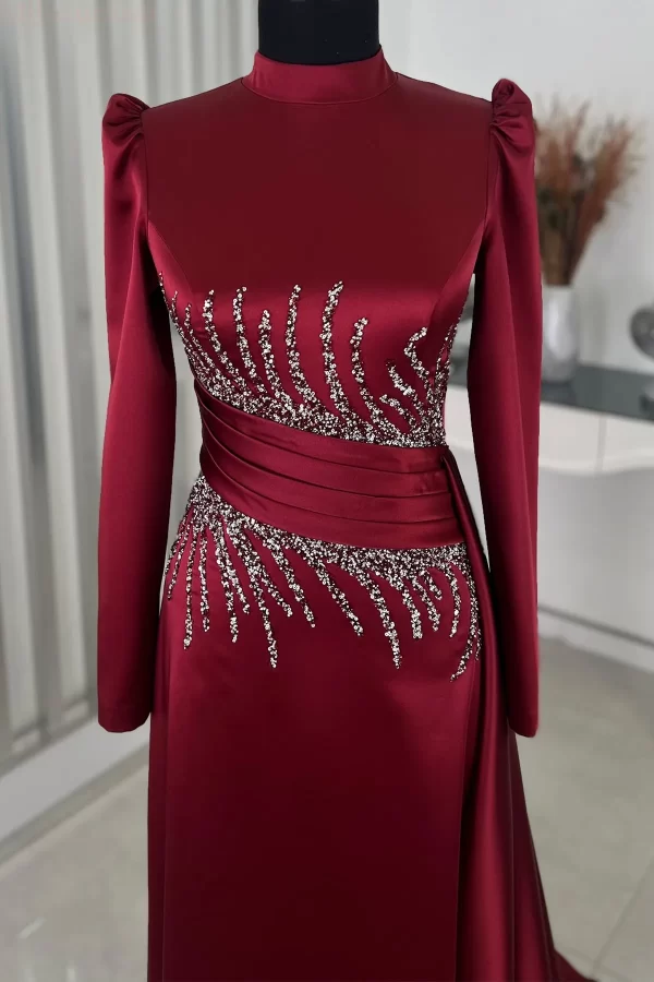 Leyla Satin Tail Detail Stone Evening Dress Modest Hijab Clothing - Burgundy