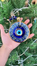Blue Evil Eye Protection Wall Hanging with Golden Rim