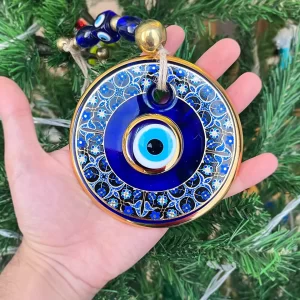 Blue Evil Eye Protection Wall Hanging with Golden Rim