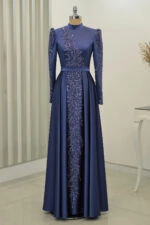 Dark Indigo Exclusive Satin Hijab Evening Dress