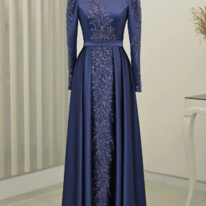 Dark Indigo Exclusive Satin Hijab Evening Dress