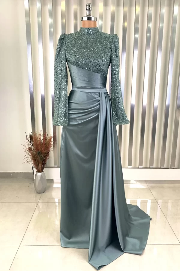Satin Evening Dress with Bead and Sequin Embroidery Train - Premium Quality Wedding Dress, Muslim Dress for Women, Dubai
