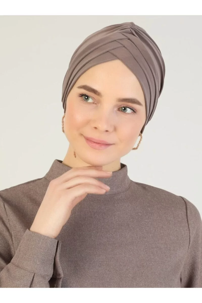 Crossed Three-Striped Ready-Made Hijab Turban - Mink - 56