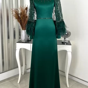 Mademoiselle Satin Luxury Evening Gown, Evening Dress 2024 Design with Sleeves Bead - Emerald