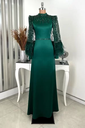 Mademoiselle Satin Luxury Evening Gown, Evening Dress 2024 Design with Sleeves Bead - Emerald