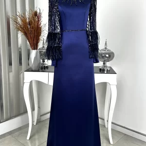 Mademoiselle Satin Muslim Wedding, Engagement, Hijab Evening Dress with Sleeves Bead - Navy Blue
