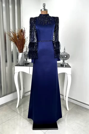 Mademoiselle Satin Muslim Wedding, Engagement, Hijab Evening Dress with Sleeves Bead - Navy Blue