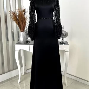 Mademoiselle Satin Sea Evening Dress with Beaded Sleeves and Tulle Cape Detail - Black