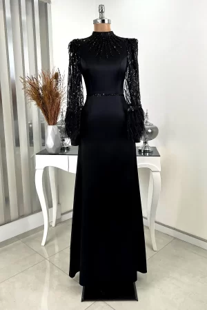 Mademoiselle Satin Sea Evening Dress with Beaded Sleeves and Tulle Cape Detail - Black