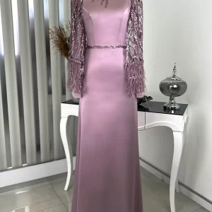 Mademoiselle Satin Turkish Muslim Islamic Evening Dress with Sleeves Bead - Lilac