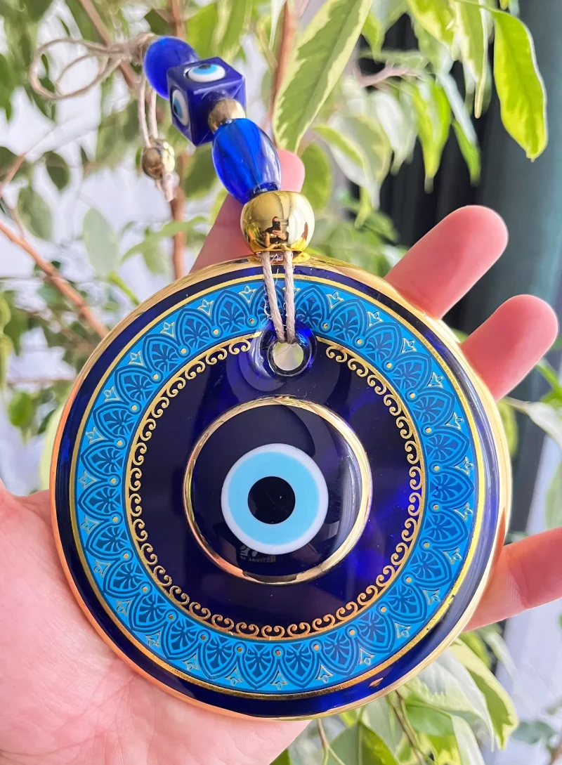 Evil Eye Glass Round Blue with golden Trim